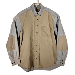 Woolrich vintage denim shirt mens XL Xlarge blue beige elbow patch long sleeve